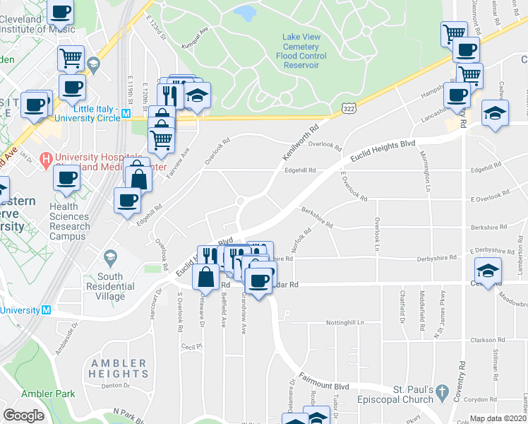 map of restaurants, bars, coffee shops, grocery stores, and more near 2452 Kenilworth Road in Cleveland Heights