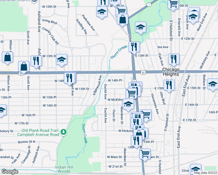 map of restaurants, bars, coffee shops, grocery stores, and more near 1425 Euclid Avenue in Chicago Heights