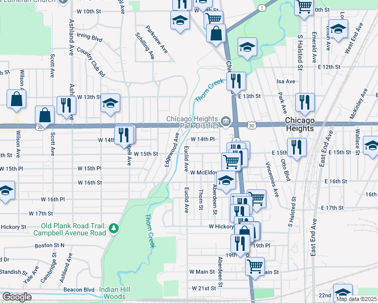 map of restaurants, bars, coffee shops, grocery stores, and more near 1425 Euclid Avenue in Chicago Heights