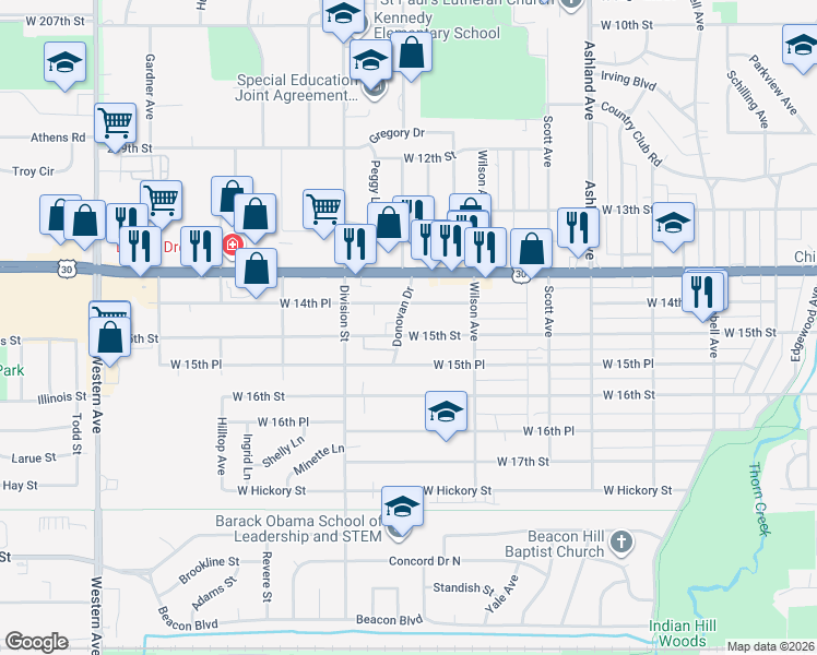 map of restaurants, bars, coffee shops, grocery stores, and more near 438 West 14th Place in Chicago Heights