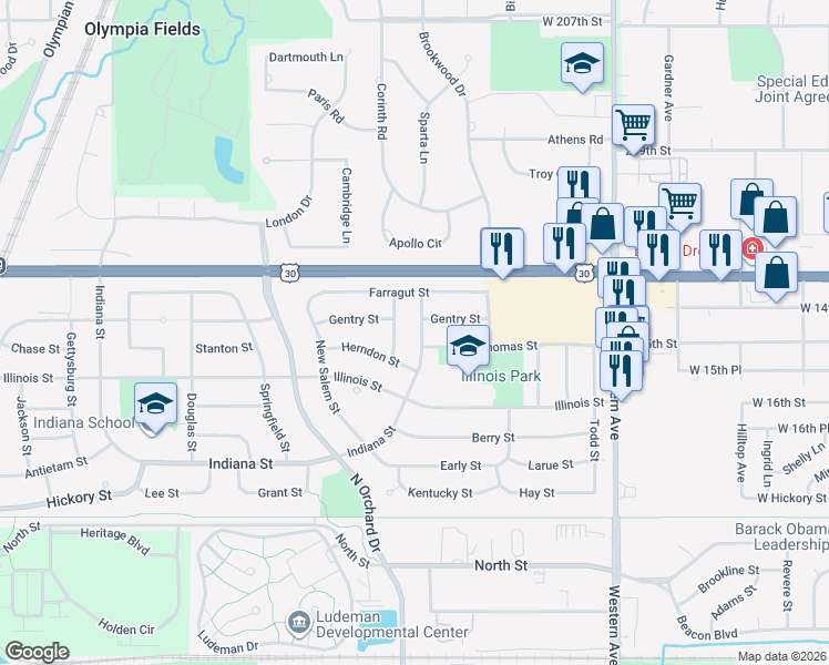 map of restaurants, bars, coffee shops, grocery stores, and more near 421 Monitor Street in Park Forest