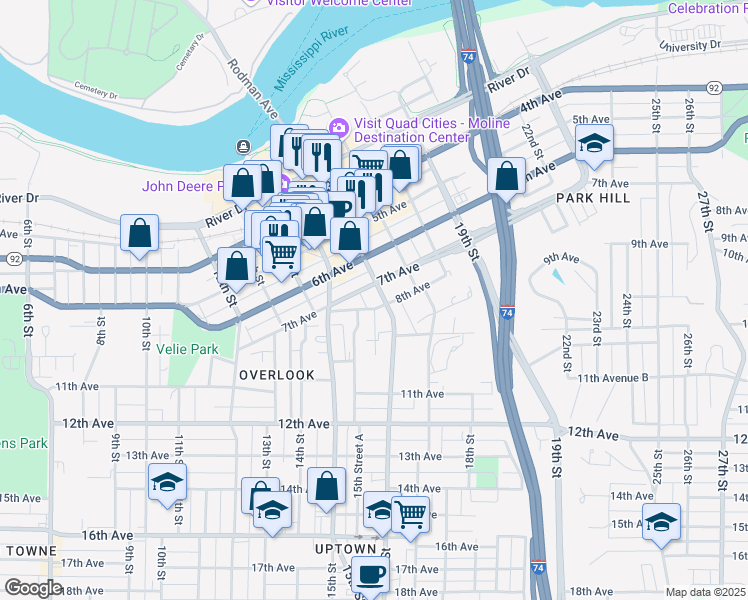 map of restaurants, bars, coffee shops, grocery stores, and more near in Moline
