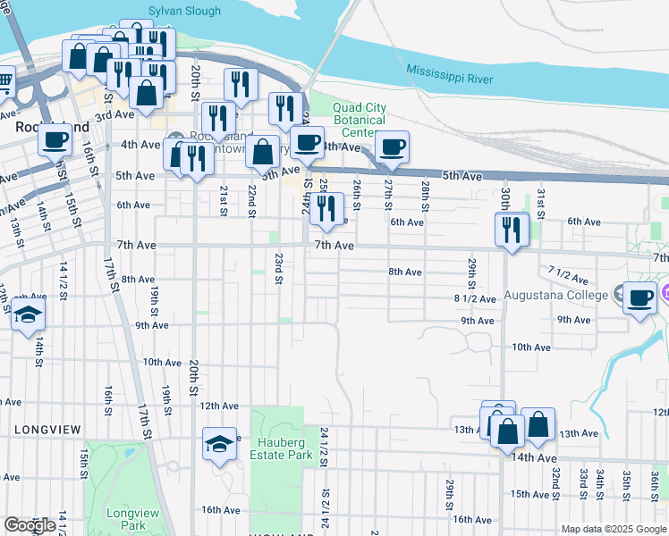 map of restaurants, bars, coffee shops, grocery stores, and more near 2424 7th Avenue in Rock Island