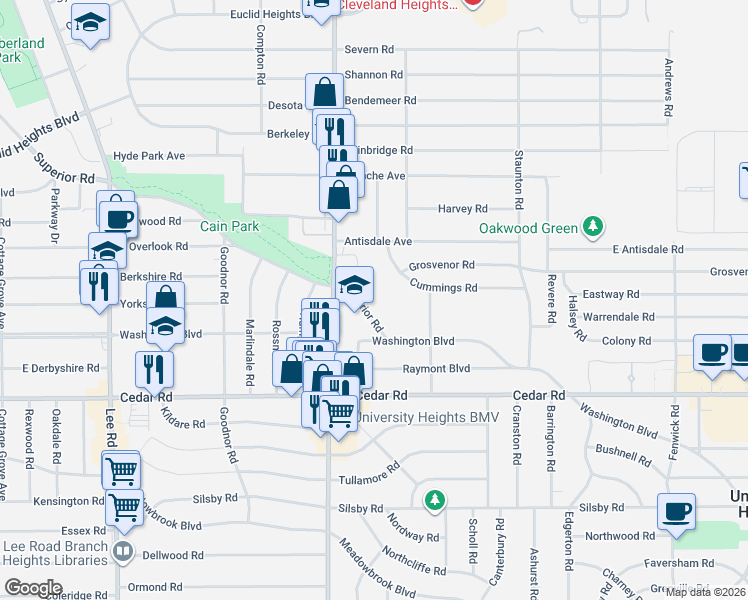 map of restaurants, bars, coffee shops, grocery stores, and more near in South Euclid