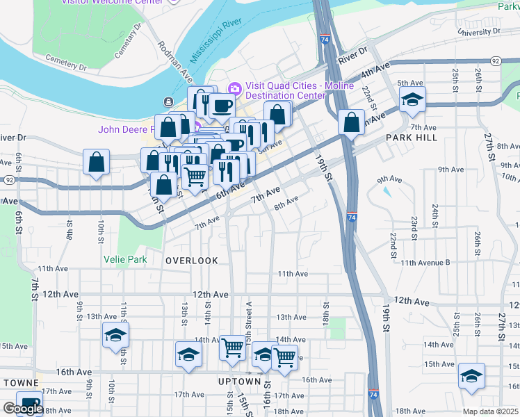 map of restaurants, bars, coffee shops, grocery stores, and more near 619 16th Street in Moline