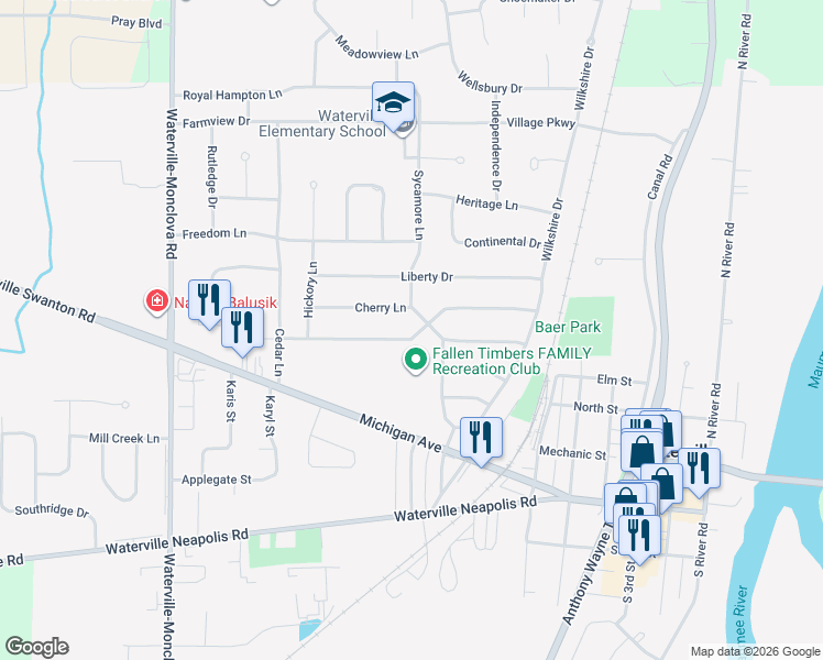 map of restaurants, bars, coffee shops, grocery stores, and more near 850 Maple Lane in Waterville