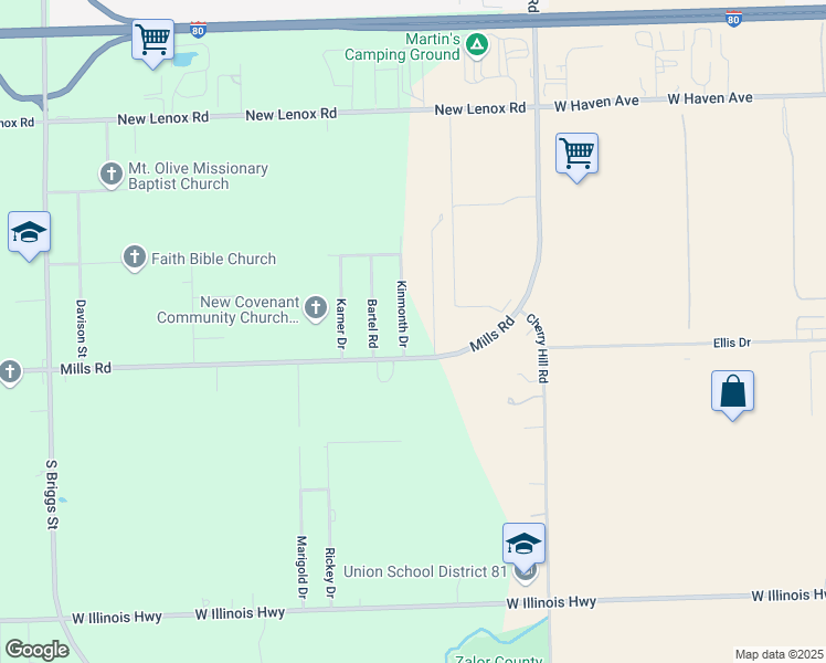 map of restaurants, bars, coffee shops, grocery stores, and more near 1103 Kinmonth Drive in Joliet