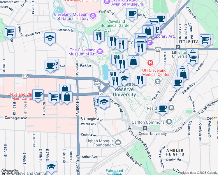 map of restaurants, bars, coffee shops, grocery stores, and more near Harrison Dillard Trail in Cleveland