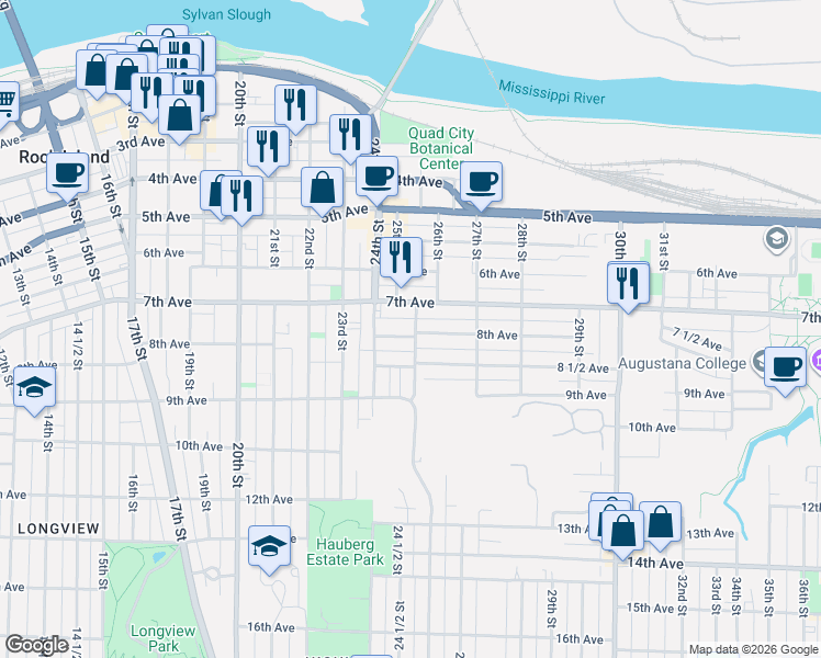 map of restaurants, bars, coffee shops, grocery stores, and more near 2424 7th Avenue in Rock Island