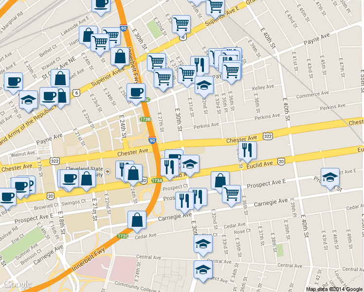 map of restaurants, bars, coffee shops, grocery stores, and more near 3005 Chester Avenue in Cleveland