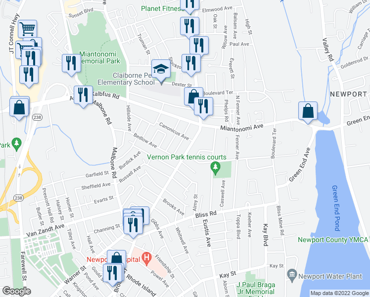 map of restaurants, bars, coffee shops, grocery stores, and more near 504 Broadway in Newport