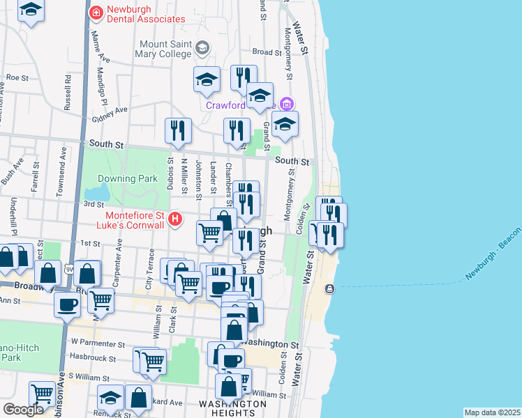 map of restaurants, bars, coffee shops, grocery stores, and more near 145 Grand Street in Newburgh