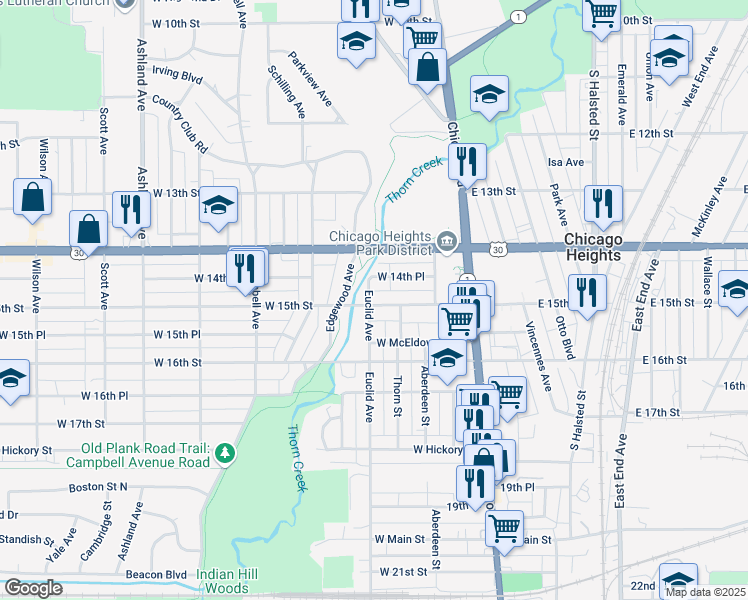 map of restaurants, bars, coffee shops, grocery stores, and more near 1425 Euclid Avenue in Chicago Heights