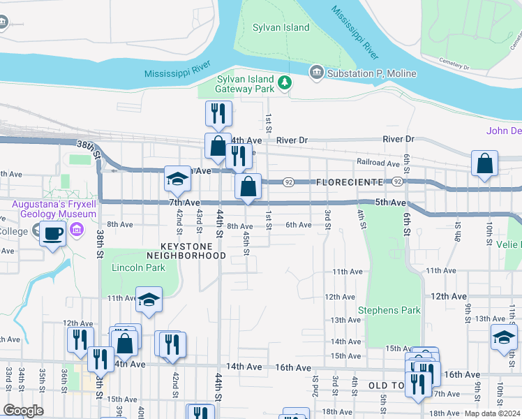 map of restaurants, bars, coffee shops, grocery stores, and more near 4524 7th Avenue in Rock Island