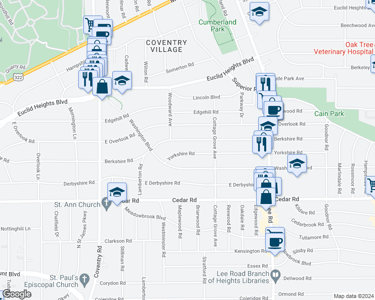 map of restaurants, bars, coffee shops, grocery stores, and more near 2990 Berkshire Road in Cleveland Heights