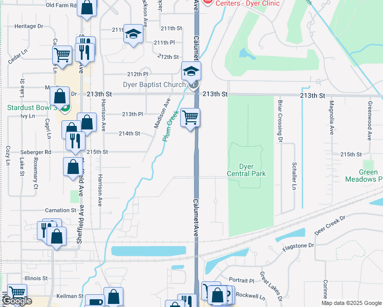 map of restaurants, bars, coffee shops, grocery stores, and more near 1428 Calumet Avenue in Dyer