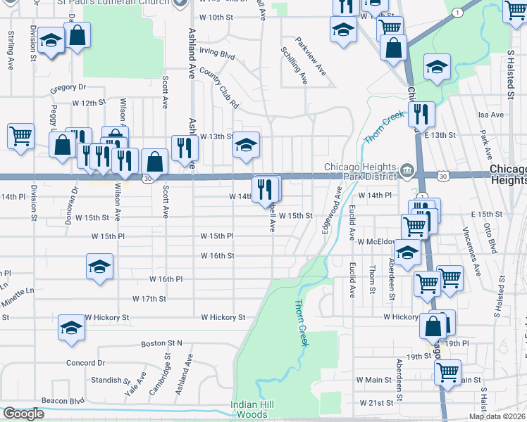 map of restaurants, bars, coffee shops, grocery stores, and more near 217 West 15th Street in Chicago Heights