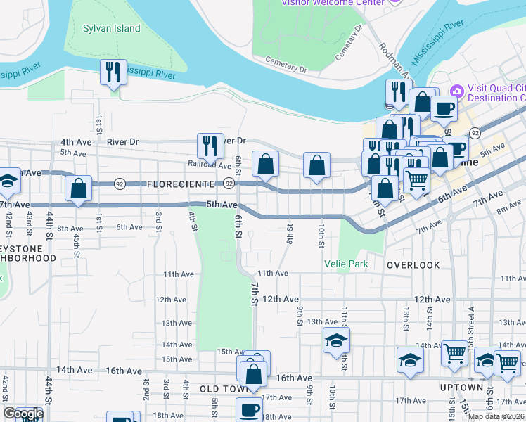 map of restaurants, bars, coffee shops, grocery stores, and more near 617 5 Avenue Place in Moline