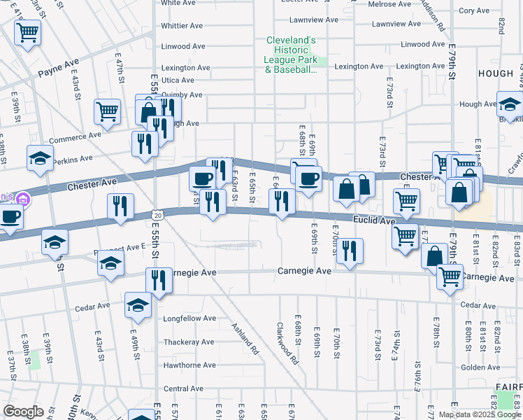 map of restaurants, bars, coffee shops, grocery stores, and more near 6539 Euclid Avenue in Cleveland