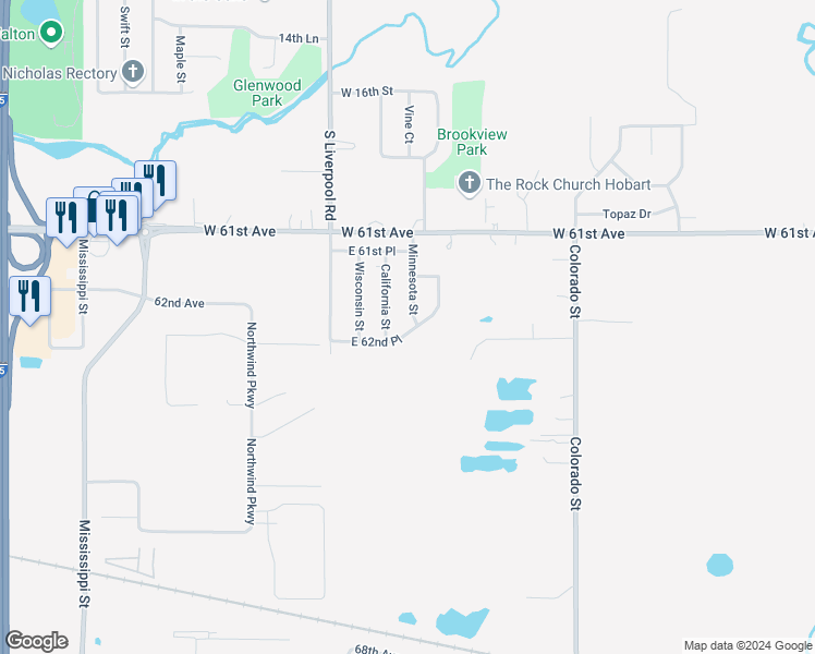 map of restaurants, bars, coffee shops, grocery stores, and more near 2688 East 62nd Place in Hobart