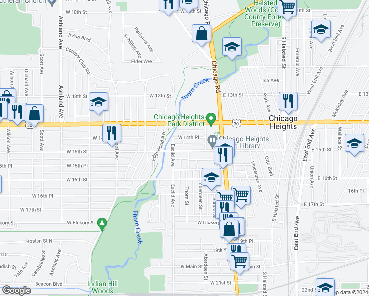 map of restaurants, bars, coffee shops, grocery stores, and more near 75 West 15th Street in Chicago Heights