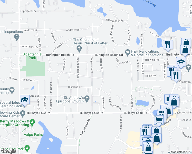 map of restaurants, bars, coffee shops, grocery stores, and more near 603 Wellington Road in Valparaiso