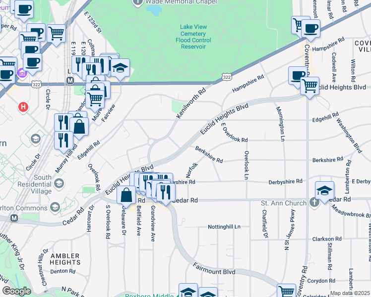 map of restaurants, bars, coffee shops, grocery stores, and more near 2511 Euclid Heights Boulevard in Cleveland Heights