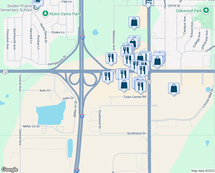 map of restaurants, bars, coffee shops, grocery stores, and more near 500 Holiday Plaza Drive in Matteson