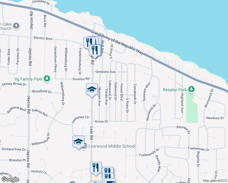 map of restaurants, bars, coffee shops, grocery stores, and more near 158 Oakwood Drive in Avon Lake