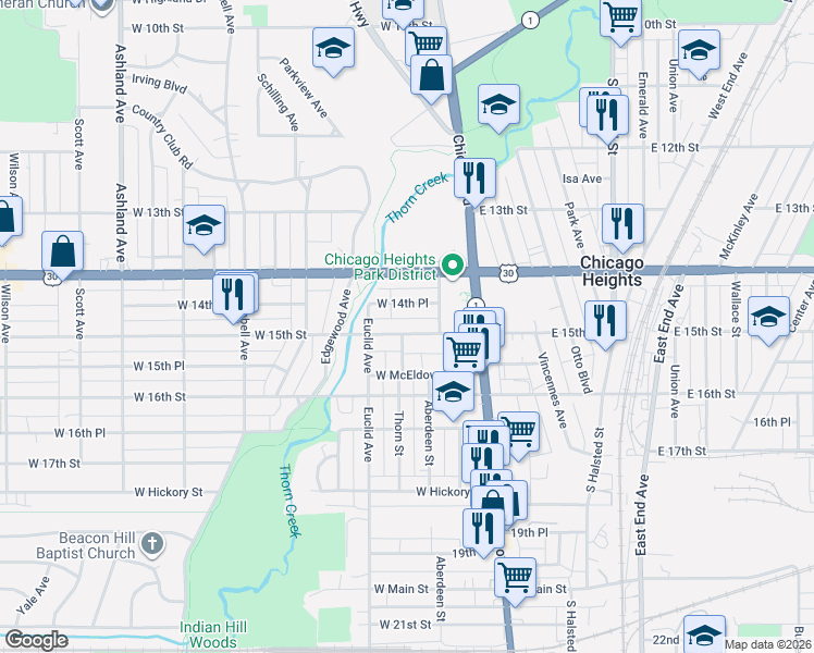 map of restaurants, bars, coffee shops, grocery stores, and more near 63 West 15th Street in Chicago Heights