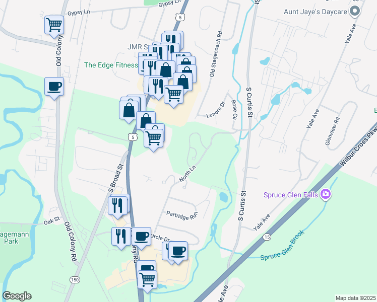 map of restaurants, bars, coffee shops, grocery stores, and more near 30 Angela Drive in Wallingford