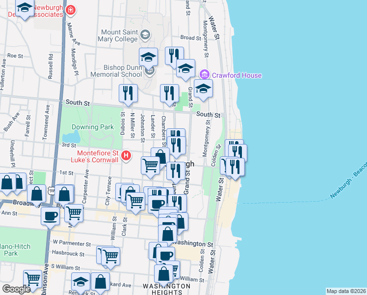 map of restaurants, bars, coffee shops, grocery stores, and more near 10 Catherine Street in Newburgh