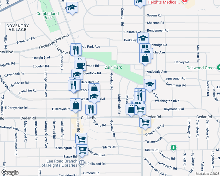 map of restaurants, bars, coffee shops, grocery stores, and more near 3318 Berkshire Road in Cleveland Heights
