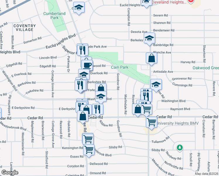 map of restaurants, bars, coffee shops, grocery stores, and more near 3278 Berkshire Road in Cleveland Heights