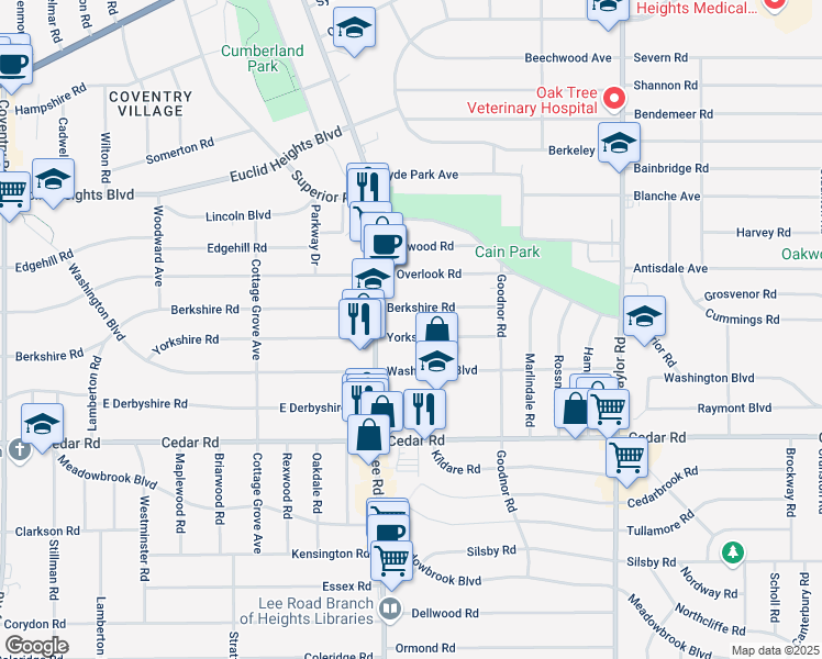 map of restaurants, bars, coffee shops, grocery stores, and more near 3238 Berkshire Road in Cleveland Heights