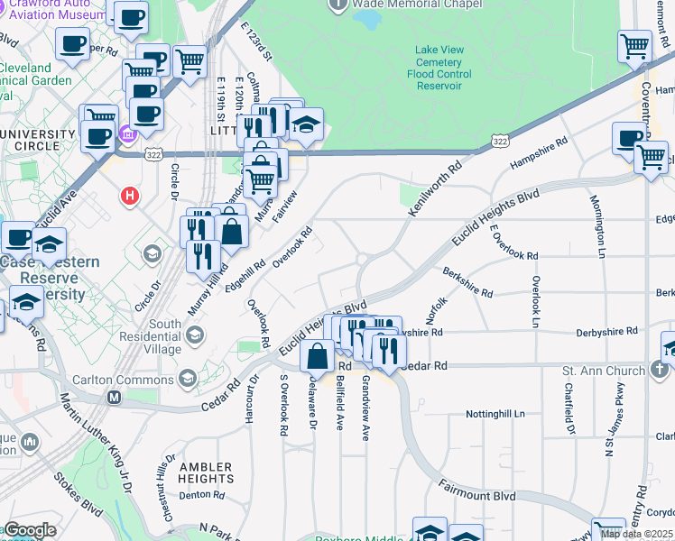 map of restaurants, bars, coffee shops, grocery stores, and more near 2420 Derbyshire Road in Cleveland Heights