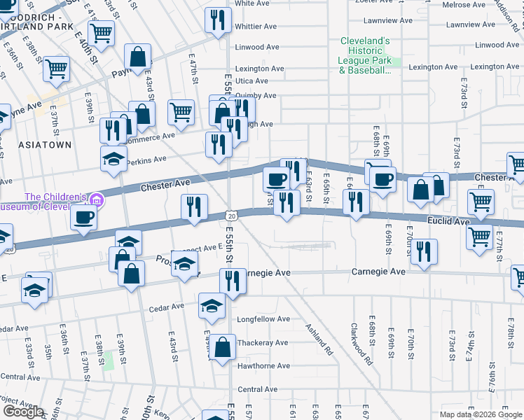 map of restaurants, bars, coffee shops, grocery stores, and more near in Cleveland