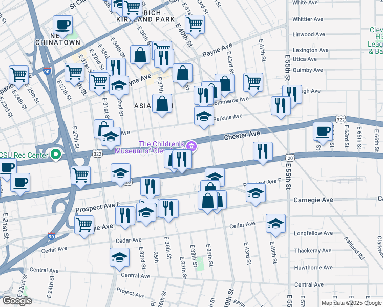 map of restaurants, bars, coffee shops, grocery stores, and more near 3904 Chester Ave in Cleveland