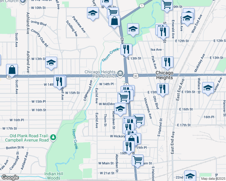 map of restaurants, bars, coffee shops, grocery stores, and more near 54 West 14th Place in Chicago Heights
