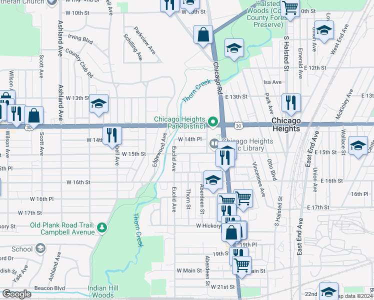 map of restaurants, bars, coffee shops, grocery stores, and more near 54 West 14th Place in Chicago Heights