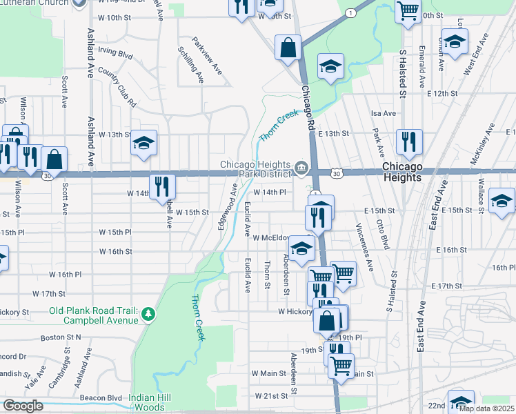 map of restaurants, bars, coffee shops, grocery stores, and more near 1425 Euclid Avenue in Chicago Heights