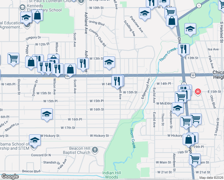 map of restaurants, bars, coffee shops, grocery stores, and more near 232 West 14th Place in Chicago Heights