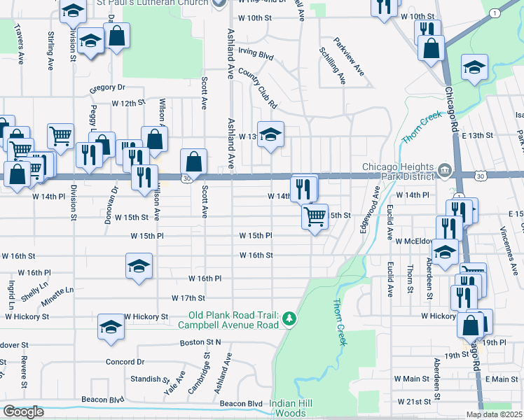 map of restaurants, bars, coffee shops, grocery stores, and more near 272 West 14th Place in Chicago Heights