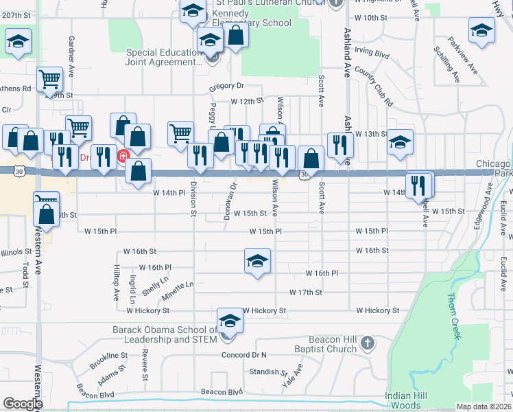 map of restaurants, bars, coffee shops, grocery stores, and more near 406 West 14th Place in Chicago Heights