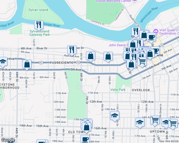 map of restaurants, bars, coffee shops, grocery stores, and more near 617 5 Avenue Place in Moline