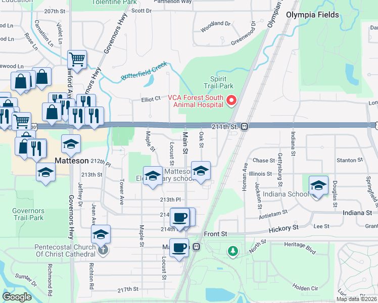 map of restaurants, bars, coffee shops, grocery stores, and more near 21136 Main Street in Matteson