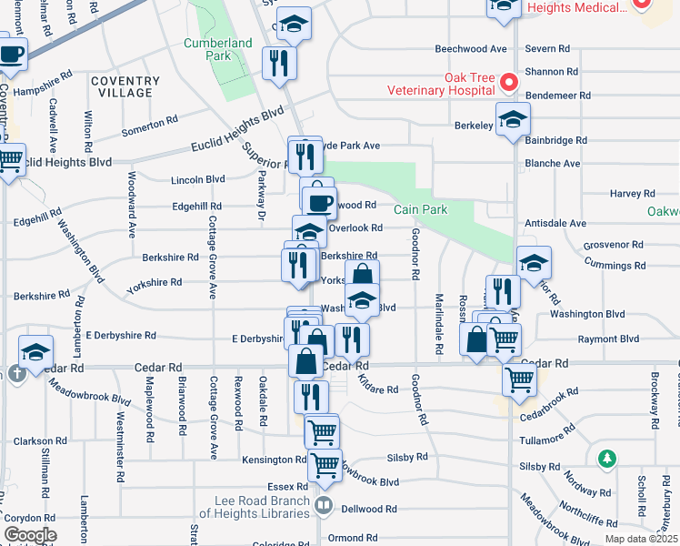 map of restaurants, bars, coffee shops, grocery stores, and more near 3238 Berkshire Road in Cleveland Heights