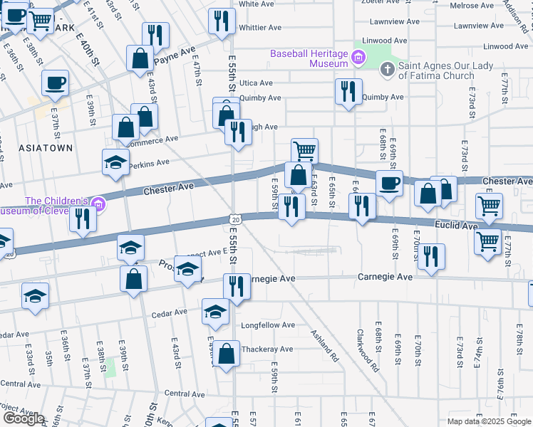map of restaurants, bars, coffee shops, grocery stores, and more near 5805 Euclid Avenue in Cleveland