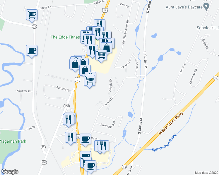 map of restaurants, bars, coffee shops, grocery stores, and more near 30 Angela Drive in Wallingford