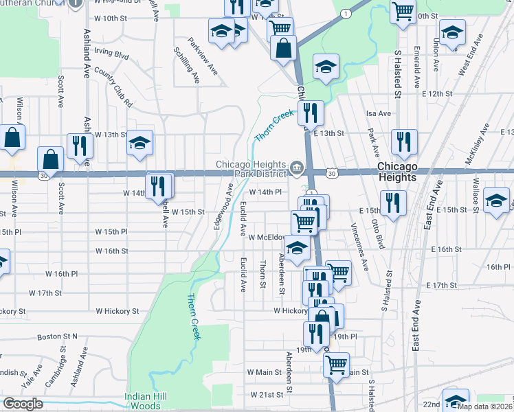 map of restaurants, bars, coffee shops, grocery stores, and more near 1425 Euclid Avenue in Chicago Heights